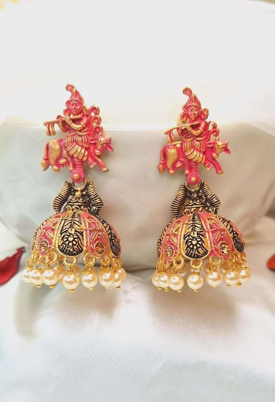 Krishna's Antique Pink Delight - Meenakari Jhumka Earrings