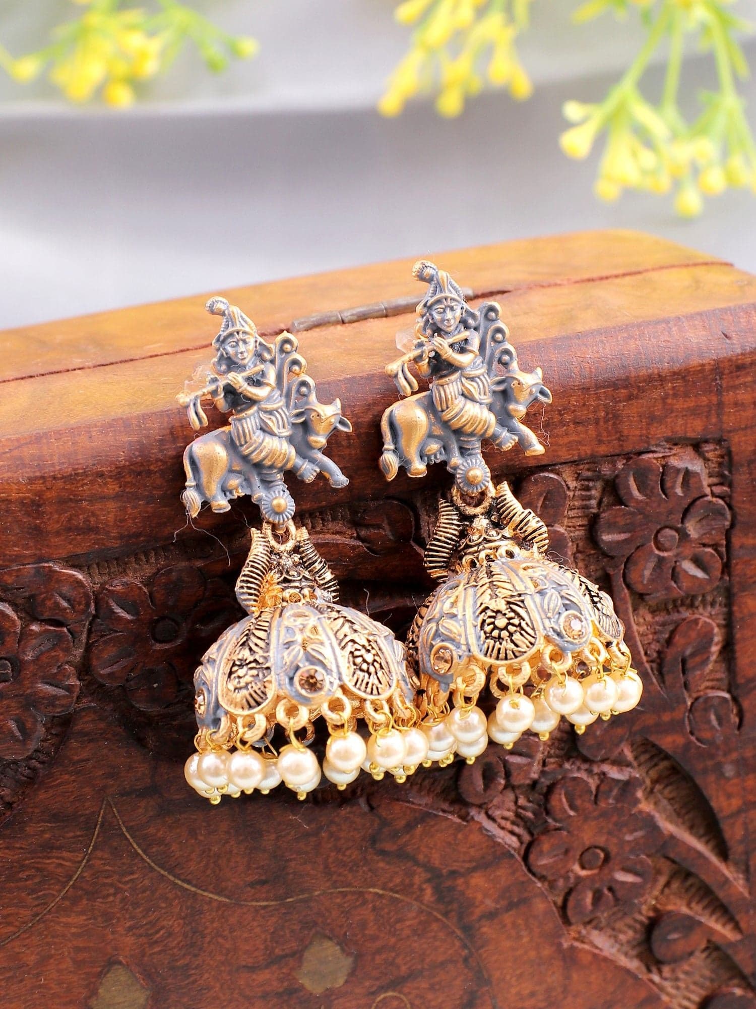 Krishna Charm: Antique Grey Jhumka with Pink Meenakari