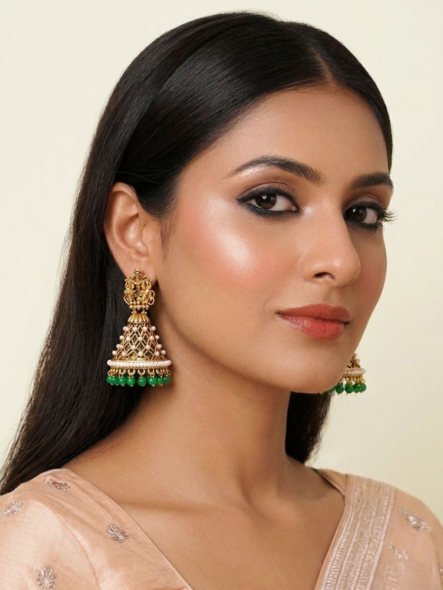 Goddess Laxmi Matte Finish Green Jhumka Earrings for Women | Ethnic Traditional Jewelry
