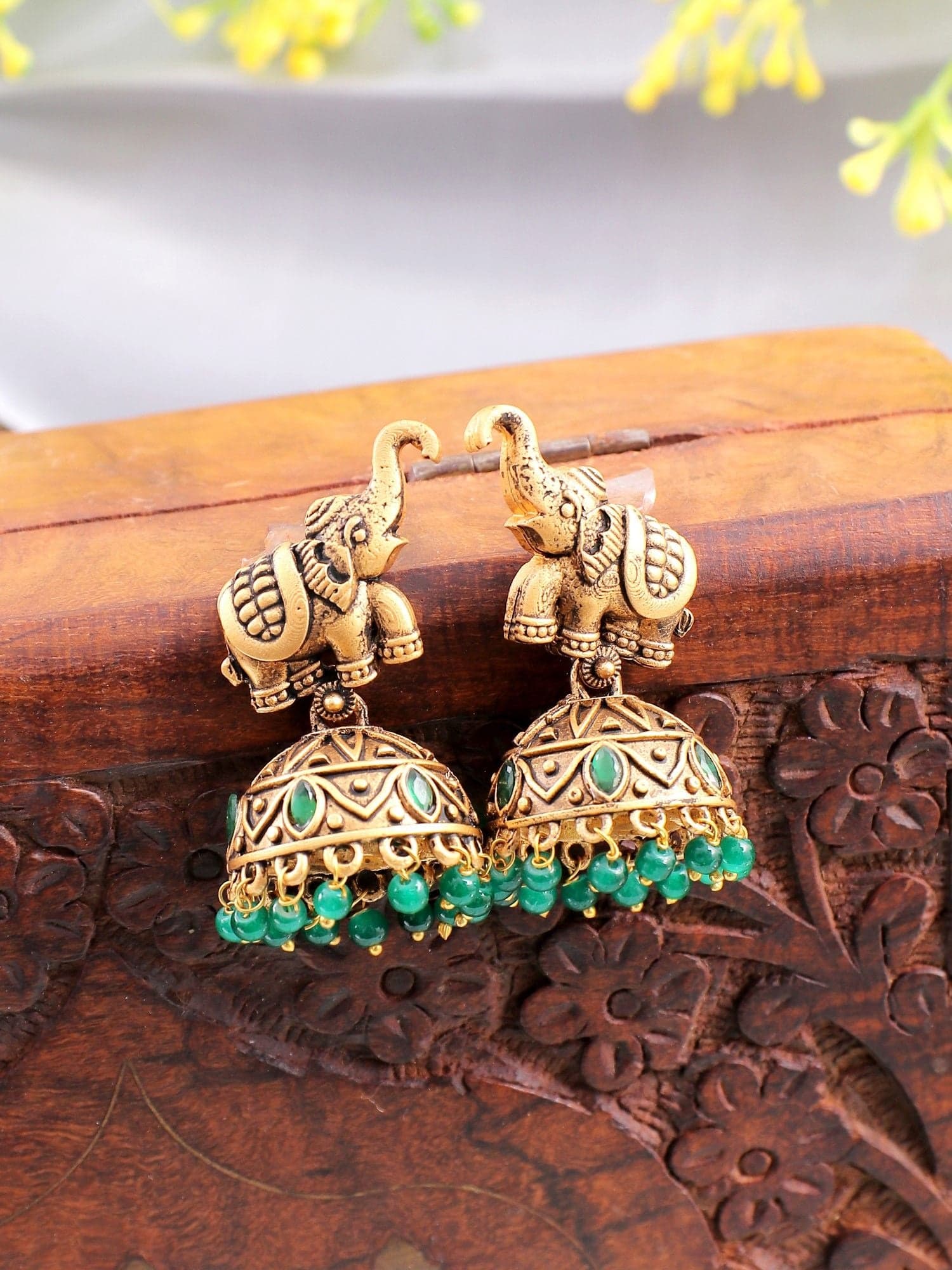 Golden Elephants: Extravagant Green Jhumki, Gold-Plated Earrings