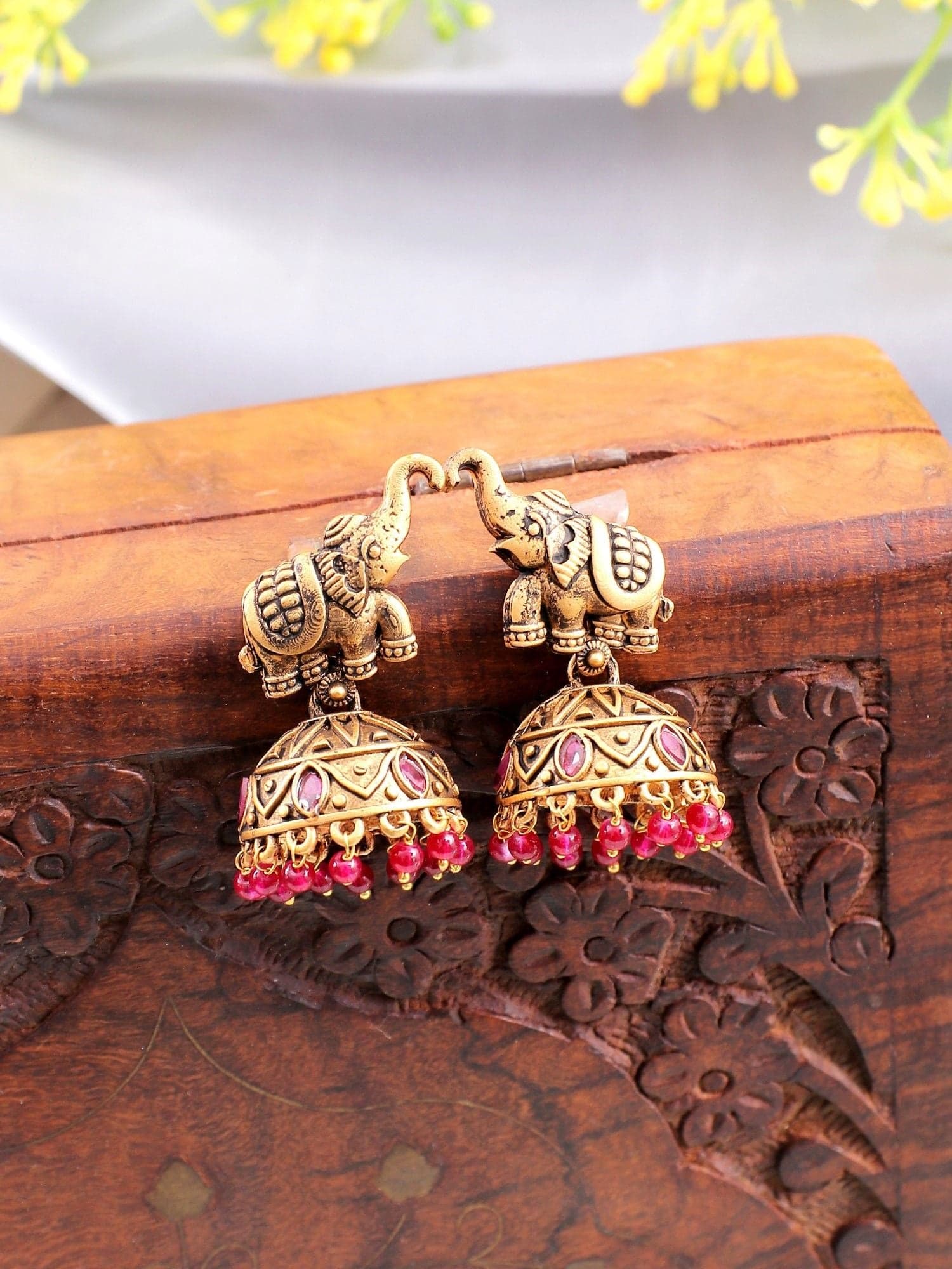 Magenta Essence: Gold Plated Elephant Inspired Jhumka Earrings