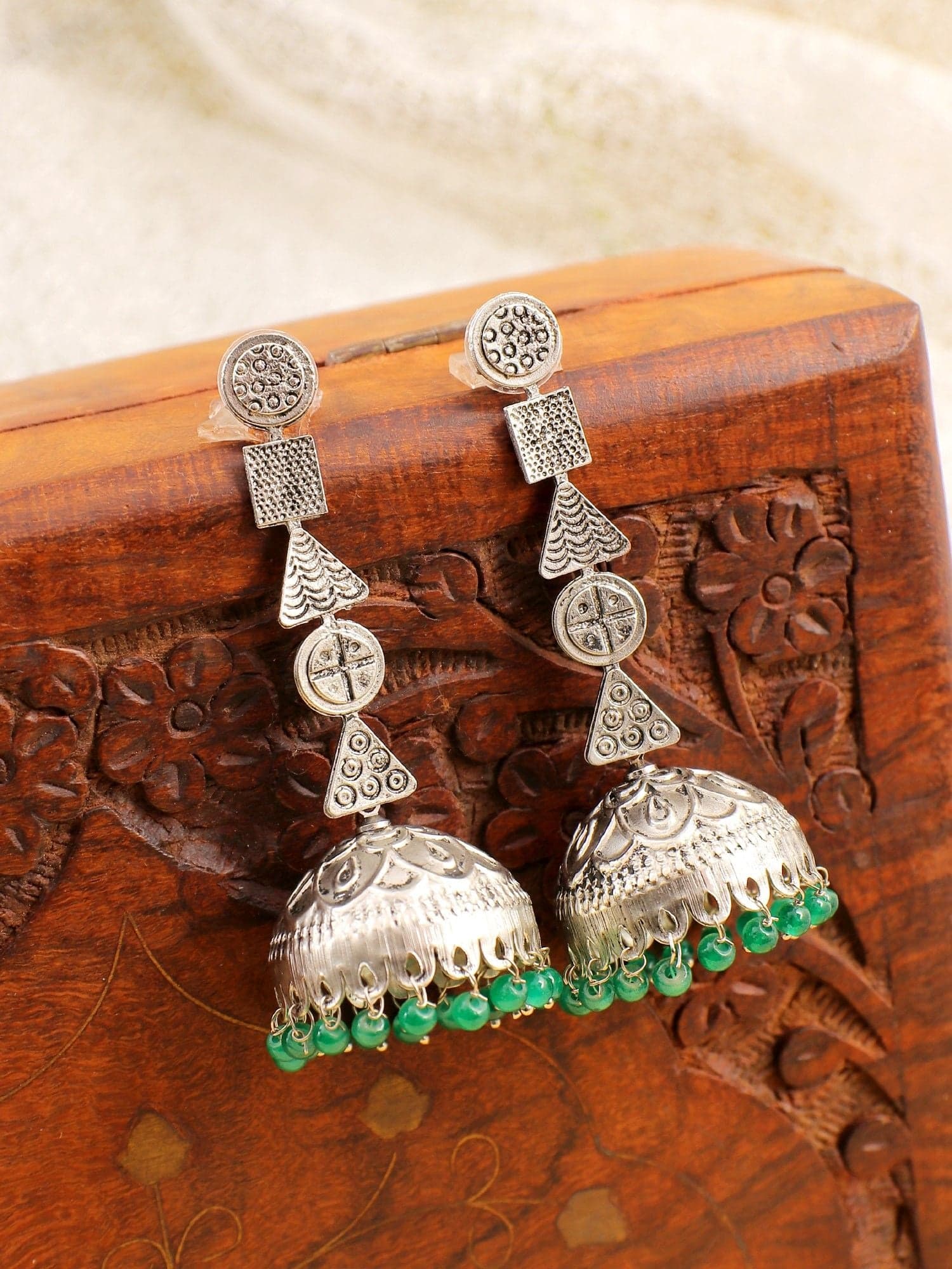 Exotic Green Drops Oxidized Silver Jhumka Earrings for Boho Style Lovers | Trendy Handmade Jewelry
