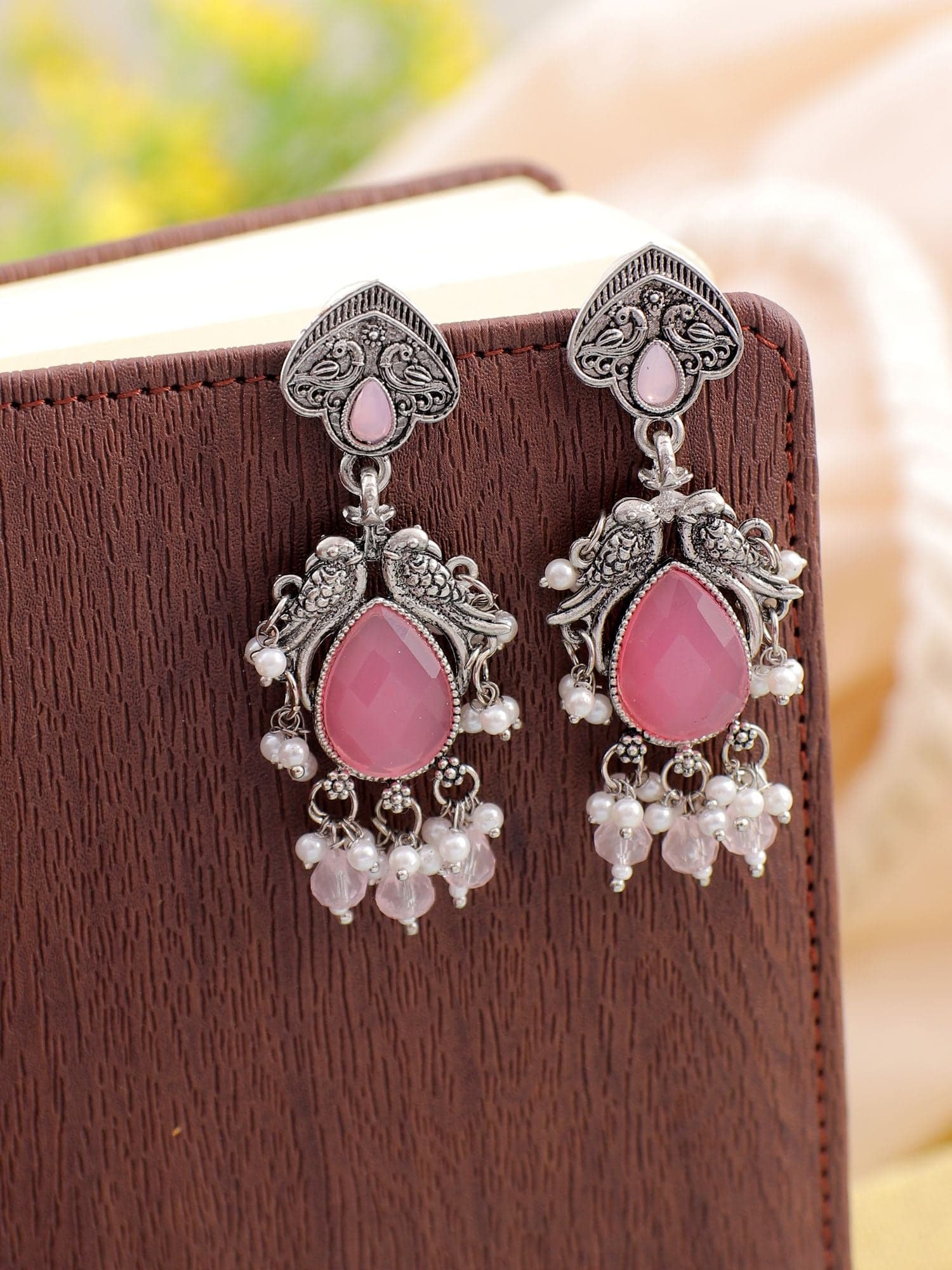 Pink Beads Delight: Oxidized Silver Drop Earrings for Everyday Ethnic Chic