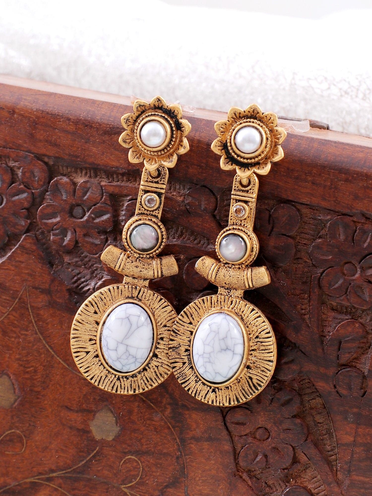 Oxidized Gold, Natural Stone Drop Earrings - Antique Style for Modern Fashion