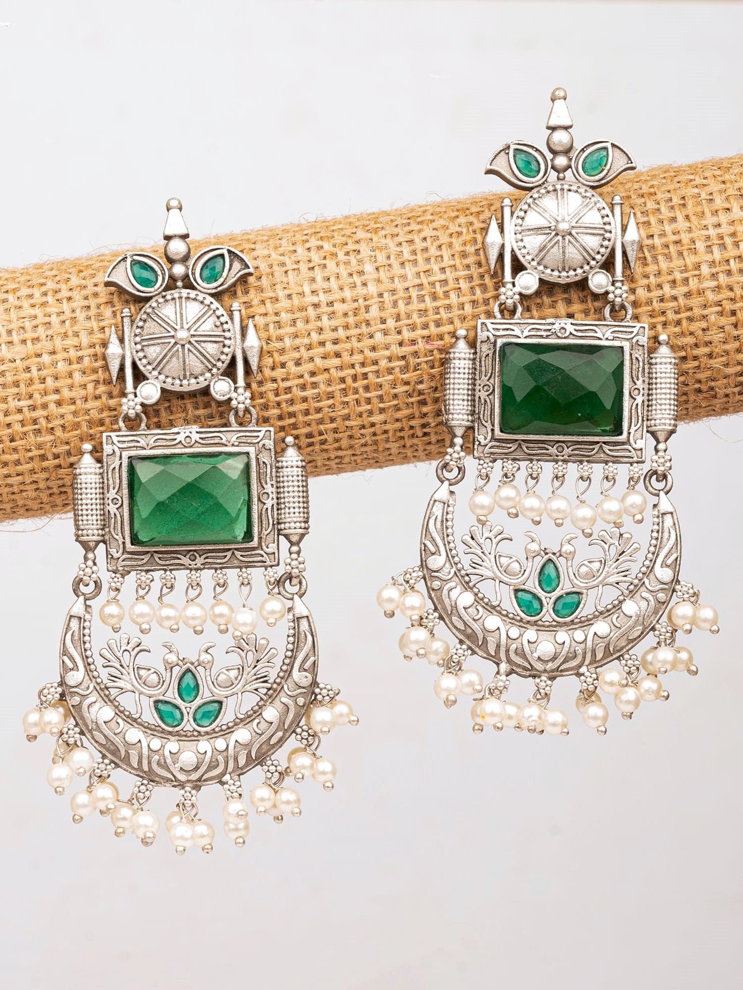 Oxidized Drop Earrings Glamour: Pearl-Studded with Verdant Green Tints